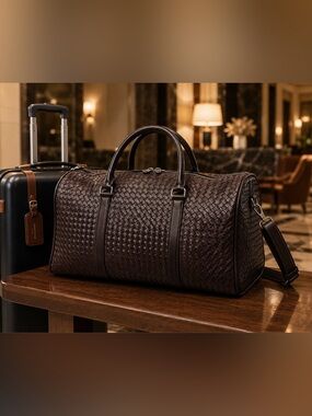 Handmade genuine Woven Leather Weekend Duffel Bag - Dark Brown